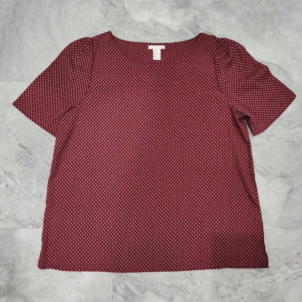 EUC H&M Dark red blouse with leaf print design Size 14